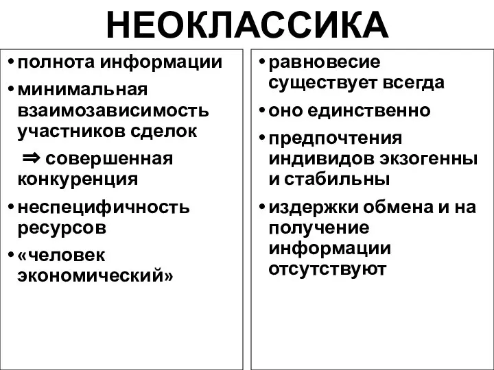 полнота информации минимальная взаимозависимость участников сделок ⇒ совершенная конкуренция неспецифичность ресурсов