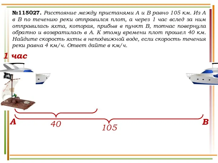 №115027. Расстояние между пристанями A и B равно 105 км. Из