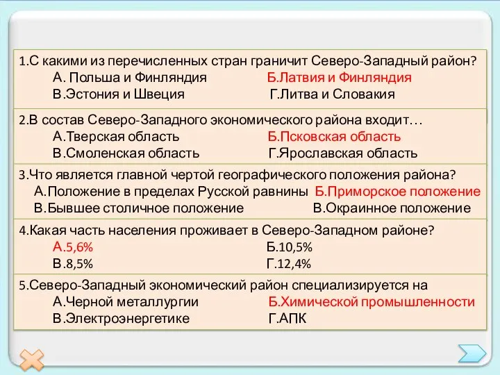 1.С какими из перечисленных стран граничит Северо-Западный район? А. Польша и