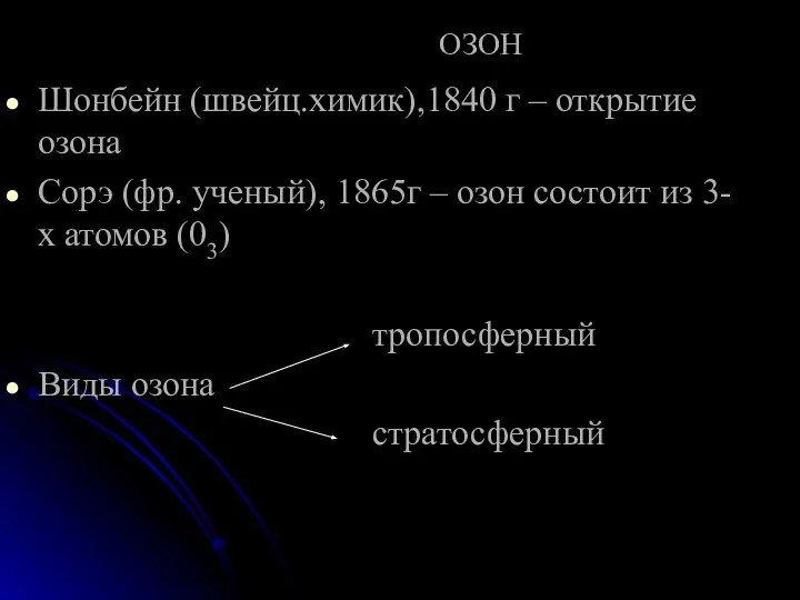 ОЗОН Шонбейн (швейц.химик),1840 г – открытие озона Сорэ (фр. ученый), 1865г