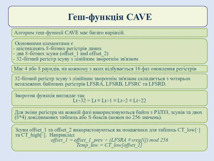 Геш-функція CAVE Алгорим геш-функції CAVE має багато варіацій. Основними елементами є
