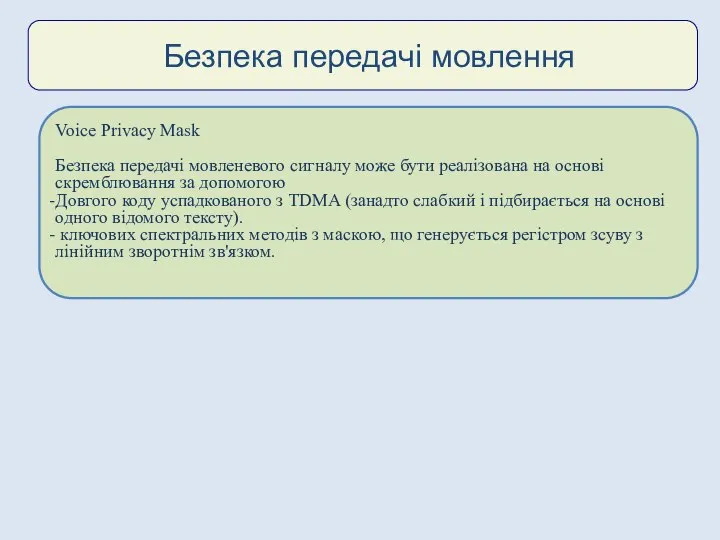 Безпека передачі мовлення Voice Privacy Mask Безпека передачі мовленевого сигналу може