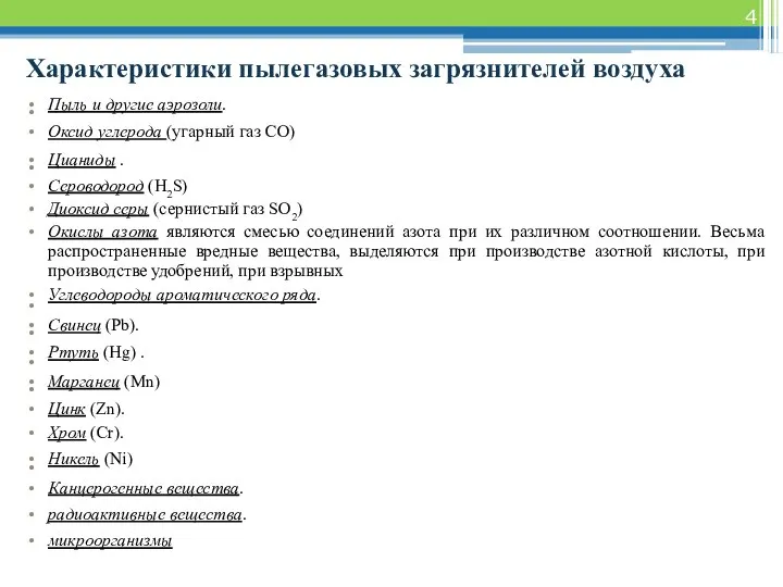 Характеристики пылегазовых загрязнителей воздуха Пыль и другие аэрозоли. Оксид углерода (угарный