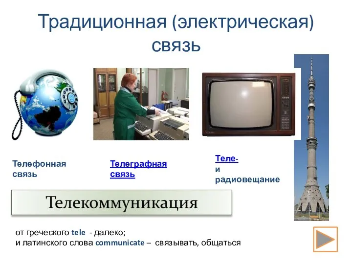 Традиционная (электрическая) связь от греческого tele - далеко; и латинского слова