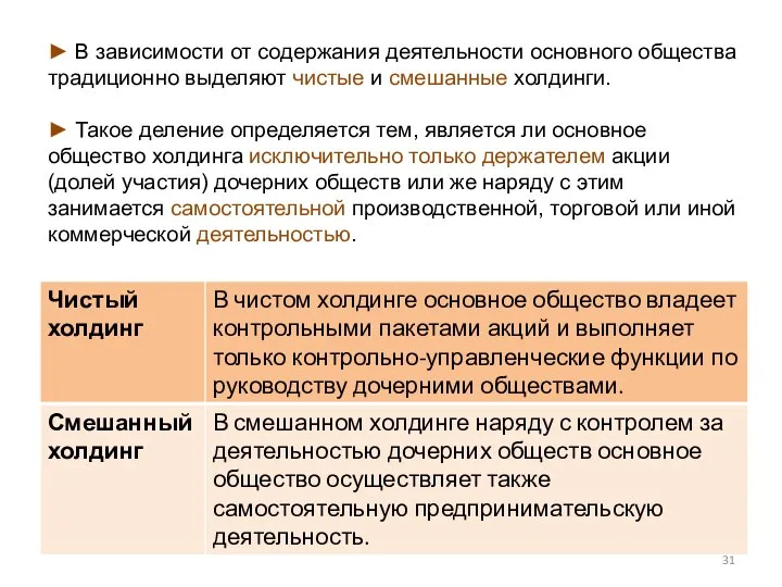 ► В зависимости от содержания деятельности основного общества традиционно выделяют чистые