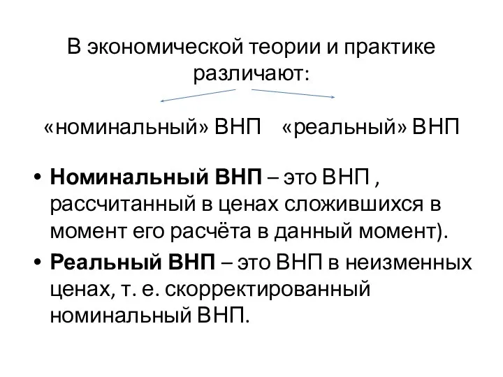 В экономической теории и практике различают: «номинальный» ВНП «реальный» ВНП Номинальный