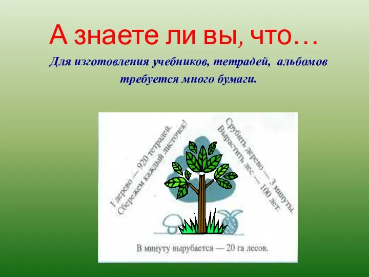 А знаете ли вы, что… Для изготовления учебников, тетрадей, альбомов требуется много бумаги.