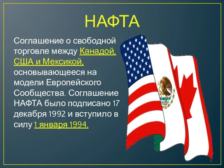 НАФТА Соглашение о свободной торговле между Канадой, США и Мексикой, основывающееся