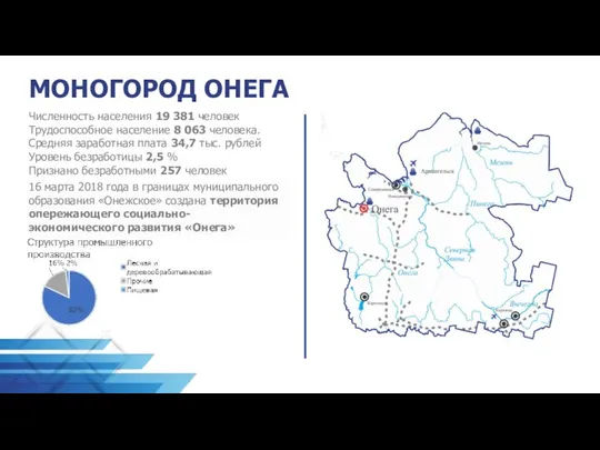 МОНОГОРОД ОНЕГА Численность населения 19 381 человек Трудоспособное население 8 063