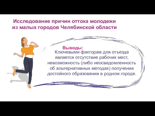 Исследование причин оттока молодежи из малых городов Челябинской области Выводы: Ключевыми