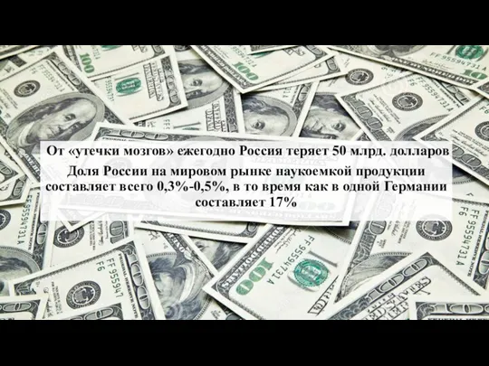 От «утечки мозгов» ежегодно Россия теряет 50 млрд. долларов Доля России