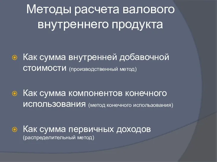 Методы расчета валового внутреннего продукта Как сумма внутренней добавочной стоимости (производственный