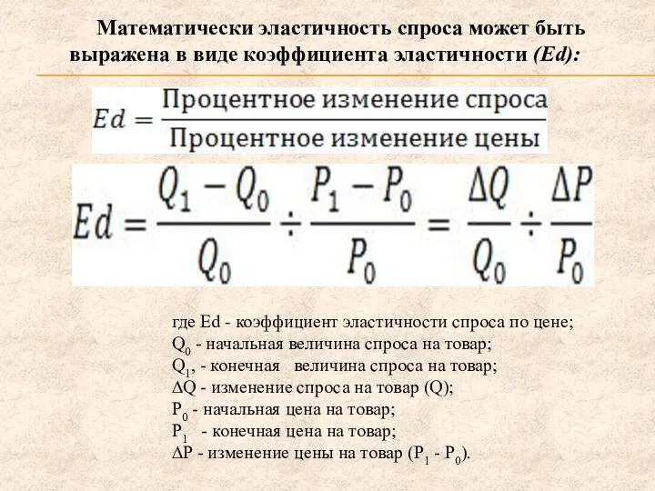 Математически эластичность спроса может быть выражена в виде коэффициента эластичности (Еd):