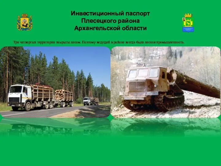 Инвестиционный паспорт Плесецкого района Архангельской области Три четвертых территории покрыты лесом.