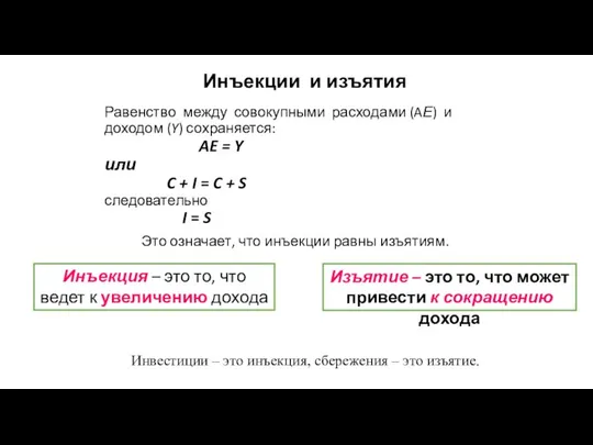 Равенство между совокупными расходами (AЕ) и доходом (Y) сохраняется: AE =