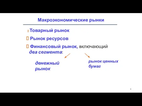 Макроэкономические рынки Товарный рынок Рынок ресурсов Финансовый рынок, включающий два сегмента: денежный рынок рынок ценных бумаг