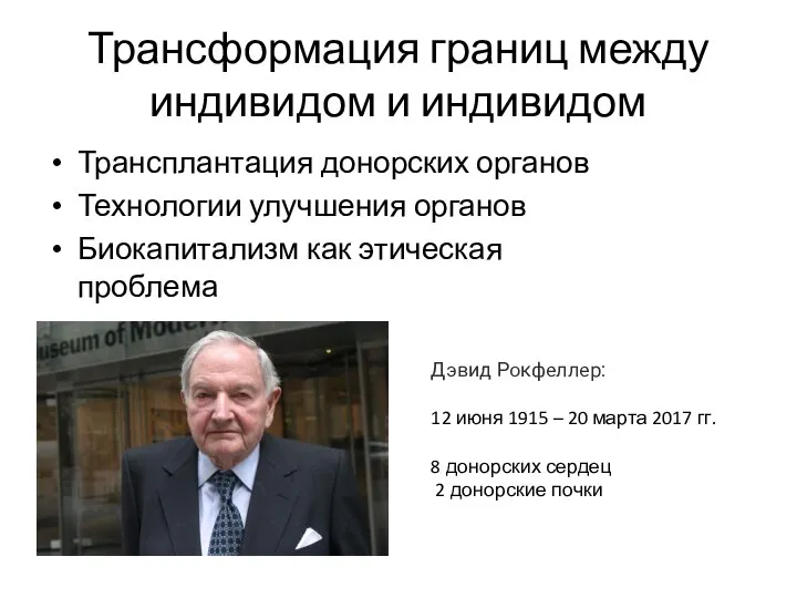 Трансформация границ между индивидом и индивидом Трансплантация донорских органов Технологии улучшения