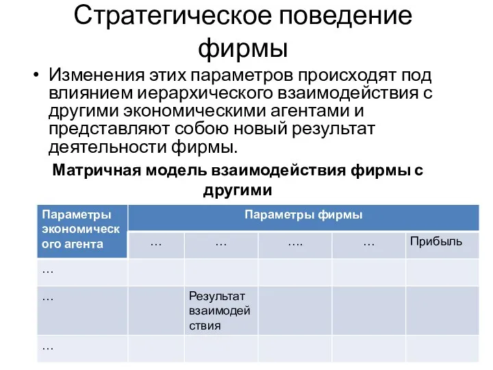 Стратегическое поведение фирмы Изменения этих параметров происходят под влиянием иерархического взаимодействия