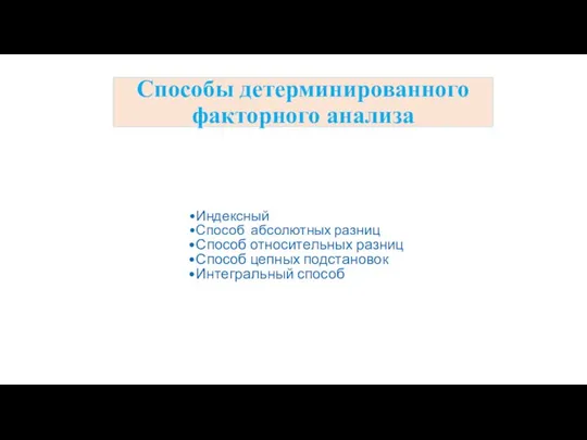 Способы детерминированного факторного анализа Индексный Способ абсолютных разниц Способ относительных разниц Способ цепных подстановок Интегральный способ