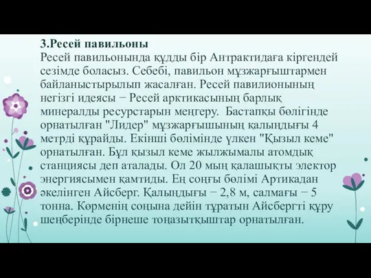 3.Ресей павильоны Ресей павильонында құдды бір Антрактидаға кіргендей сезімде боласыз. Себебі,