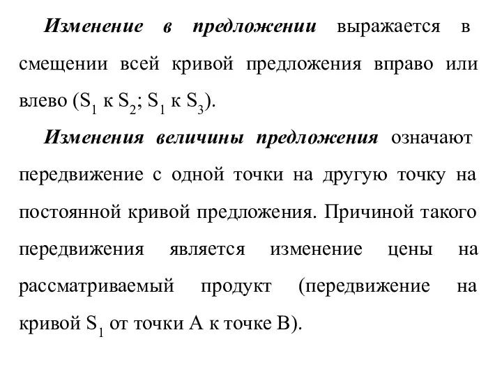 Изменение в предложении выражается в смещении всей кривой предложения вправо или