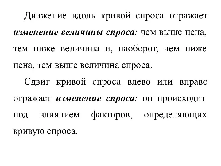 Движение вдоль кривой спроса отражает изменение величины спроса: чем выше цена,