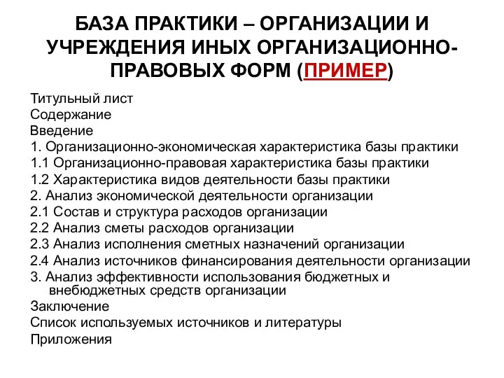 БАЗА ПРАКТИКИ – ОРГАНИЗАЦИИ И УЧРЕЖДЕНИЯ ИНЫХ ОРГАНИЗАЦИОННО-ПРАВОВЫХ ФОРМ (ПРИМЕР) Титульный