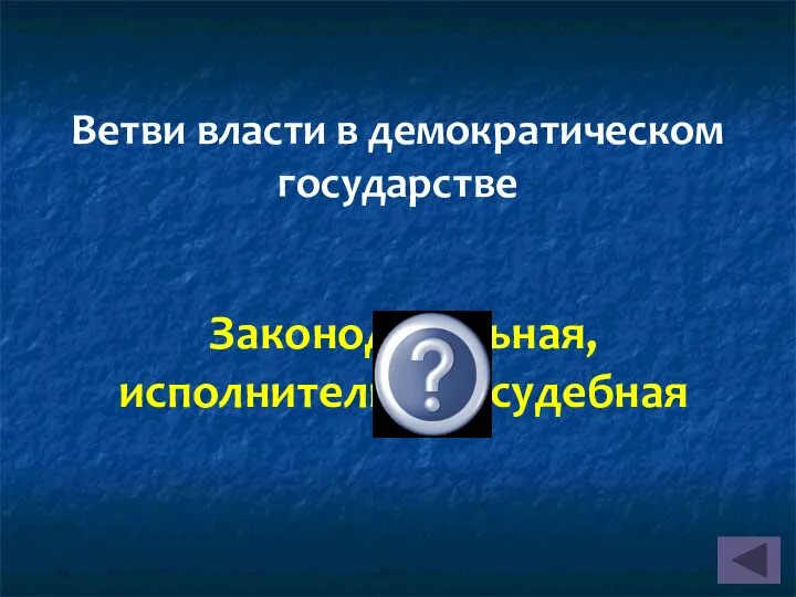 Ветви власти в демократическом государстве Законодательная, исполнительная, судебная