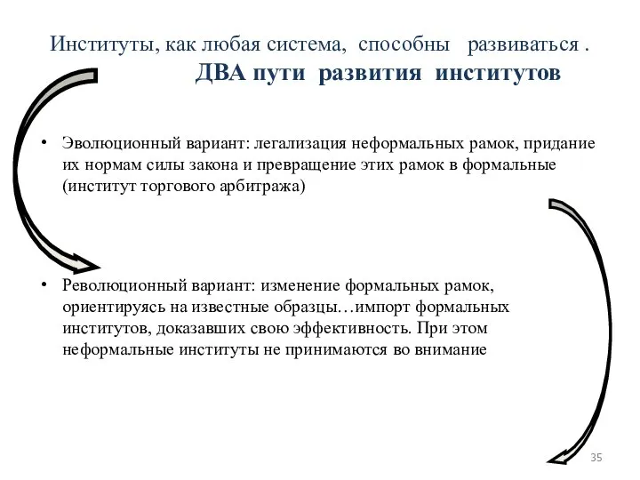 Институты, как любая система, способны развиваться . ДВА пути развития институтов