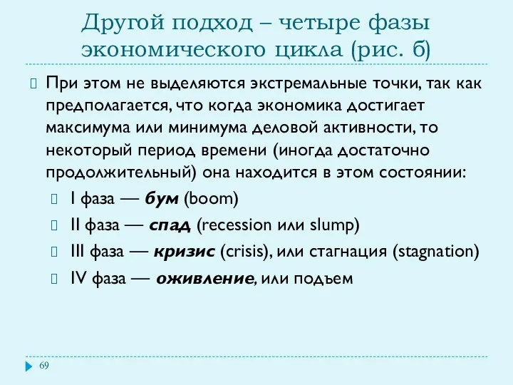 Другой подход – четыре фазы экономического цикла (рис. б) При этом