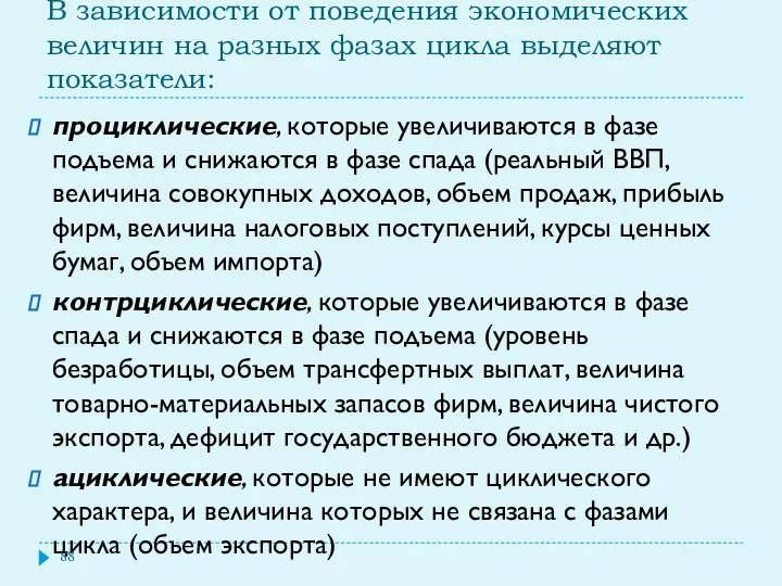 В зависимости от поведения экономических величин на разных фазах цикла выделяют