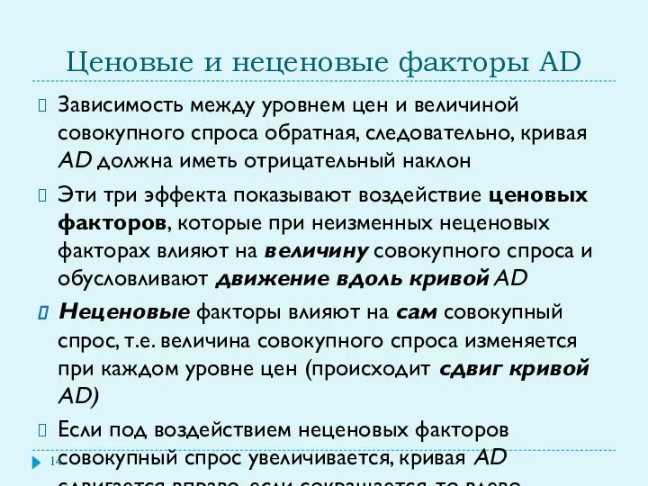 Ценовые и неценовые факторы AD Зависимость между уровнем цен и величиной