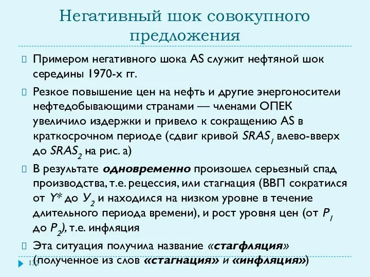 Негативный шок совокупного предложения Примером негативного шока AS служит нефтяной шок