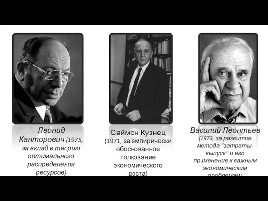 Леонид Канторович (1975, за вклад в теорию оптимального распределения ресурсов) Саймон