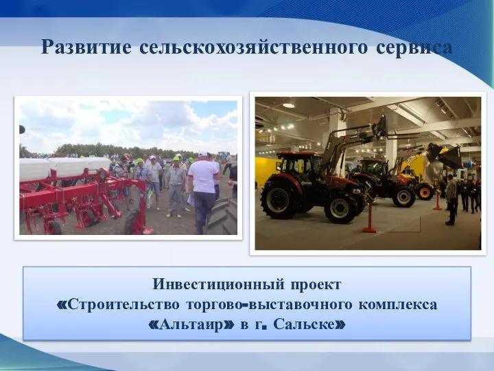 Развитие сельскохозяйственного сервиса Инвестиционный проект «Строительство торгово-выставочного комплекса «Альтаир» в г. Сальске»