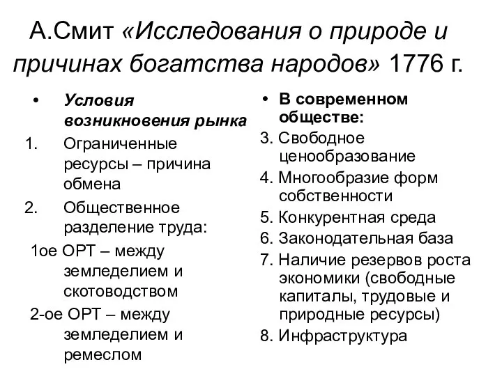 А.Смит «Исследования о природе и причинах богатства народов» 1776 г. Условия