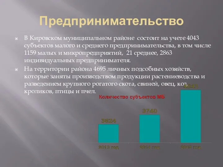 Предпринимательство В Кировском муниципальном районе состоит на учете 4043 субъектов малого