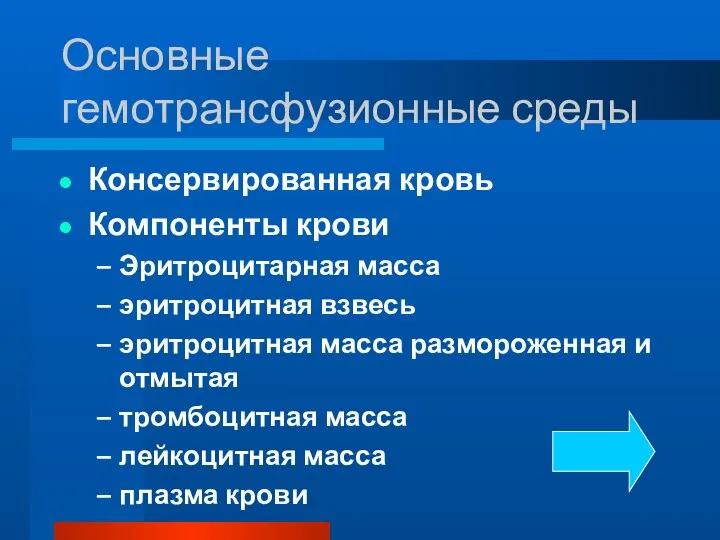 Основные гемотрансфузионные среды Консервированная кровь Компоненты крови Эритроцитарная масса эритроцитная взвесь