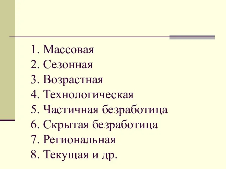 1. Массовая 2. Сезонная 3. Возрастная 4. Технологическая 5. Частичная безработица