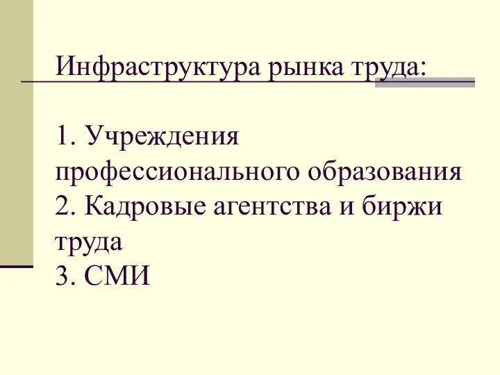 Инфраструктура рынка труда: 1. Учреждения профессионального образования 2. Кадровые агентства и биржи труда 3. СМИ