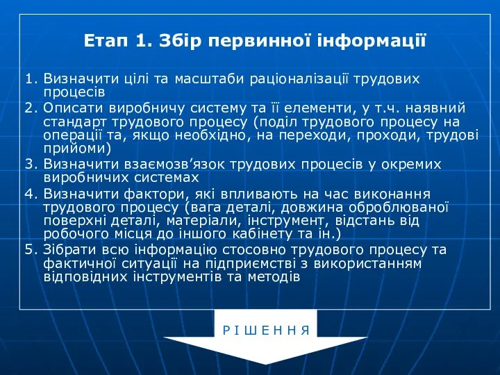 Етап 1. Збір первинної інформації 1. Визначити цілі та масштаби раціоналізації