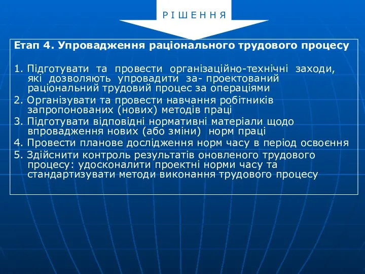 Етап 4. Упровадження раціонального трудового процесу 1. Підготувати та провести організаційно-технічні