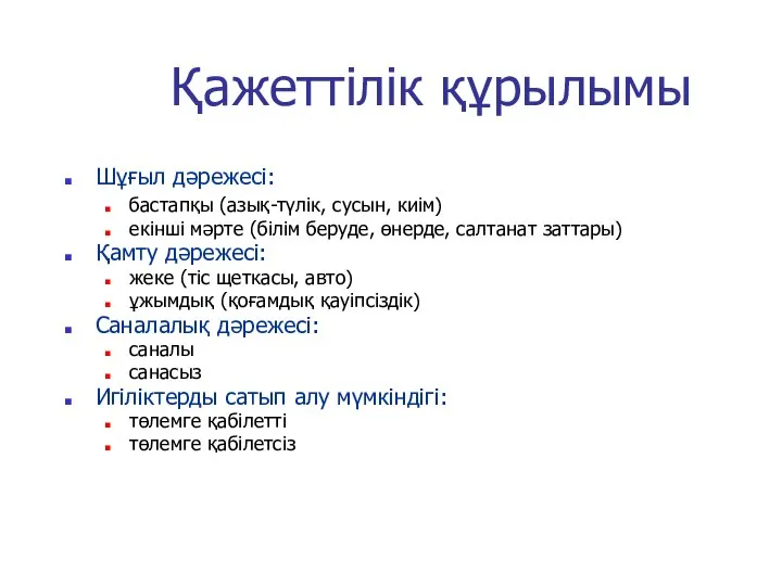 Қажеттілік құрылымы Шұғыл дәрежесі: бастапқы (азық-түлік, сусын, киім) екінші мәрте (білім