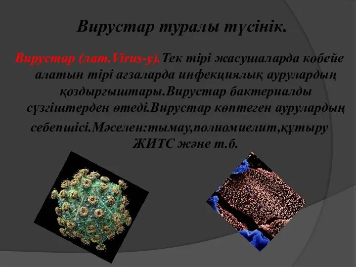 Вирустар туралы түсінік. Вирустар (лат.Virus-у).Тек тірі жасушаларда көбейе алатын тірі ағзаларда