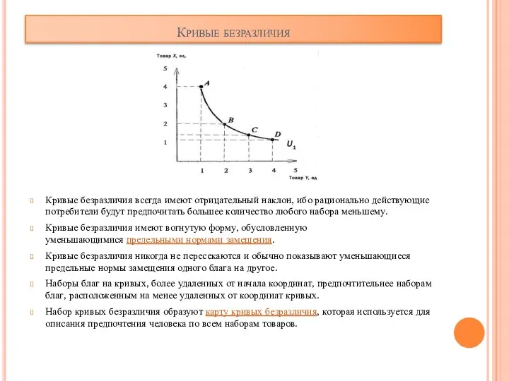 Кривые безразличия Кривые безразличия всегда имеют отрицательный наклон, ибо рационально действующие