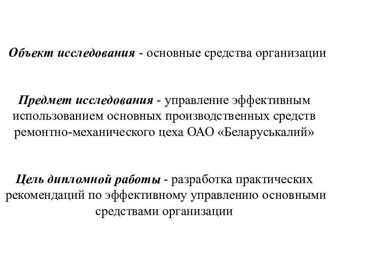 Объект исследования - основные средства организации Предмет исследования - управление эффективным