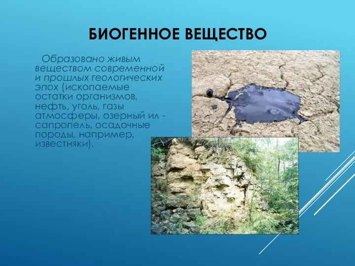 БИОГЕННОЕ ВЕЩЕСТВО Образовано живым веществом современной и прошлых геологических эпох (ископаемые