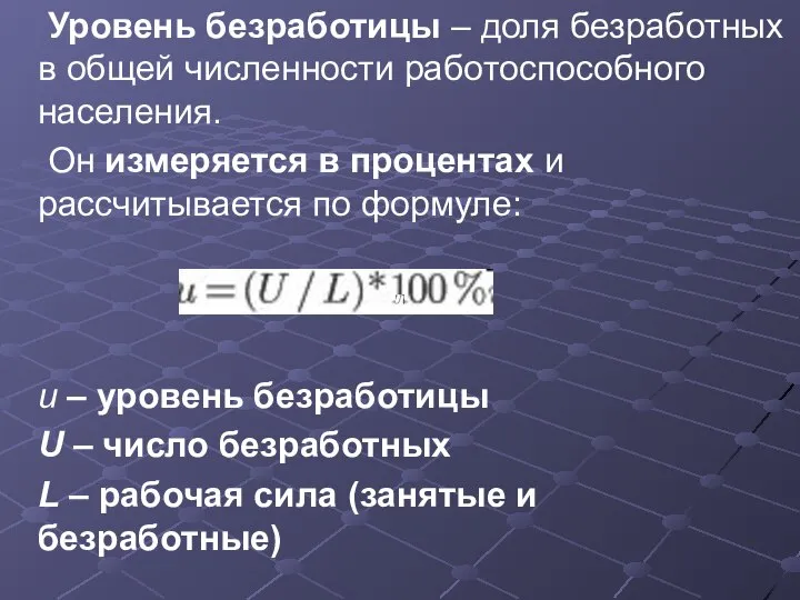 Уровень безработицы – доля безработных в общей численности работоспособного населения. Он