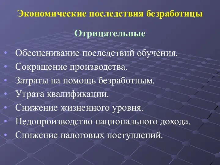 Экономические последствия безработицы Отрицательные Обесценивание последствий обучения. Сокращение производства. Затраты на