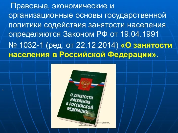 Правовые, экономические и организационные основы государственной политики содействия занятости населения определяются